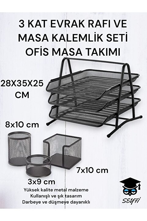 SEYFİKİRTASİYE 3 KAT METAL EVRAK RAFI VE 3 LÜ MASA KALEMLİK SETİ OFİS TAKIMI METAL PERFORE SİYAH