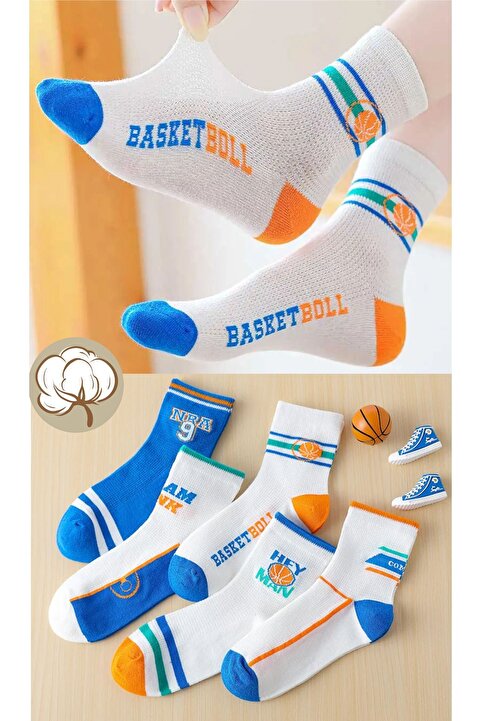 Hobins Sportswear & Company 5 Çift Basketbol Desenli Çocuk Çorabı Özel Üretim Basketbol Serisi