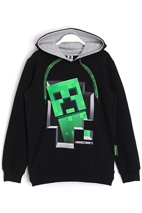 Minecraft Creeper Desenli Kapüşonlu Erkek Çocuk Hoodie 5 - 13 Yaş Siyah