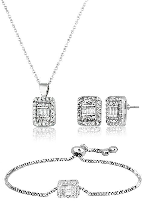 Elika Silver Kadın Baget Taşlı Kolye Küpe Bileklik Set