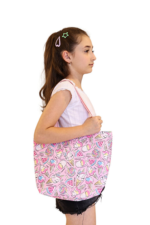 ICONE BAG Unicorn Desenli Kız Çocuk Plaj Çantası, Baskılı Çocuk Günlük Çanta