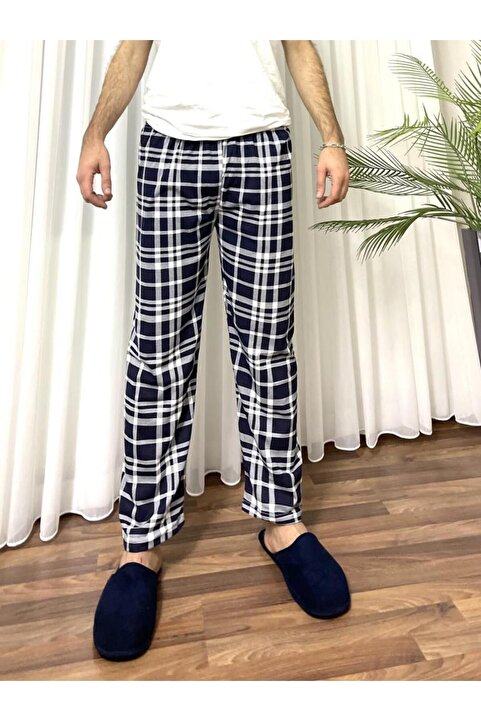 Betimoda Erkek Cepsiz Ekose Desenli Pijama Altı Eşofman Lacivert Beyaz Kareli