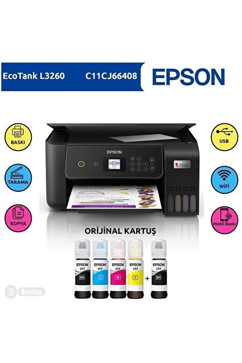 Epson Ecotank L3260 Renkli Tanklı Yazıcı Baskı-tarama-kopya(usb,wifi)+orijinal 4x65ml+1 Mürekkep