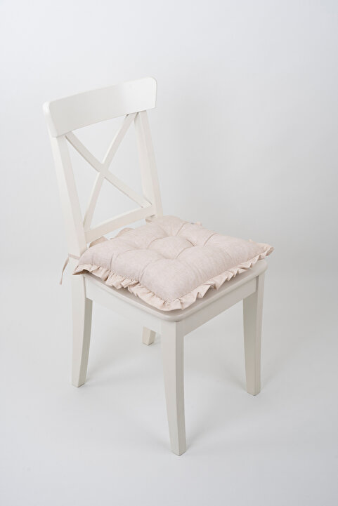 ALTINPAMUK Fancy Fırfırlı Pofidik Bej Sandalye Minderi Bağcıklı 42x42cm