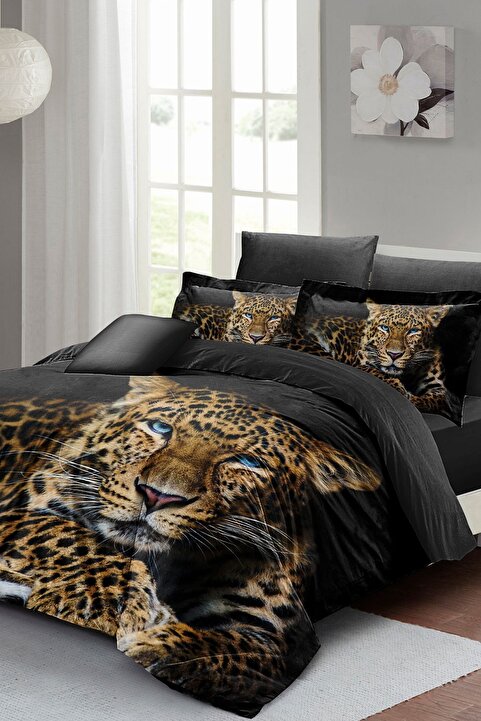 Monohome Leopar Lastikli Çarşaflı Pamuk Saten Çift Kişilik Nevresim Takımı Leopard Eyes