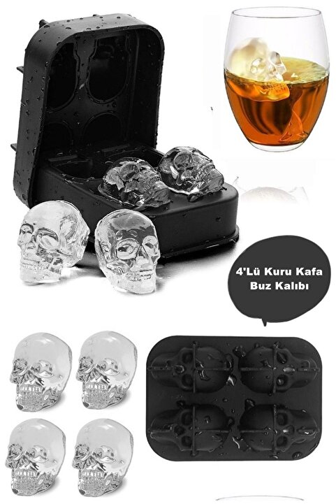 Kitchen Beauty 4'lü Kuru Kafa Şekilli Buz Kalıbı 3 Boyutlu Kokteyl Viski Kafatası Şeklinde Silikon Buz Kalıbı