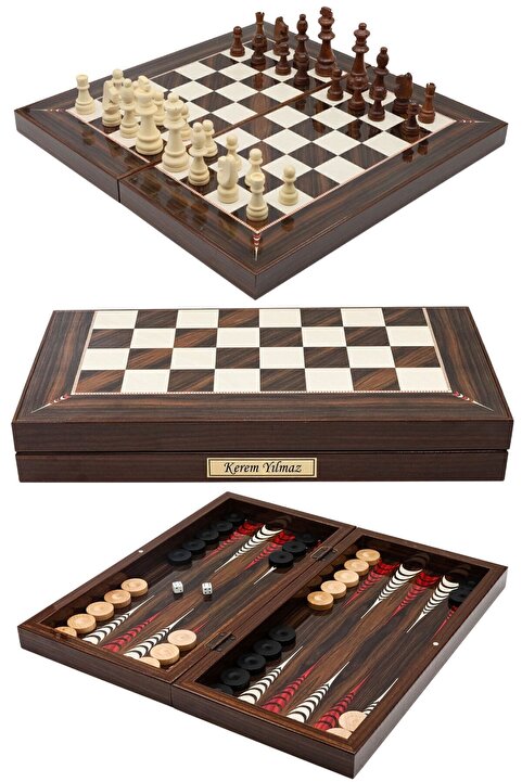Cooper Chess Kişiye Özel Büyük Boy 50cm Ceviz Kaplama Desenli Premium Ahşap Tavla Takımı - Ahşap Satranç Takımı