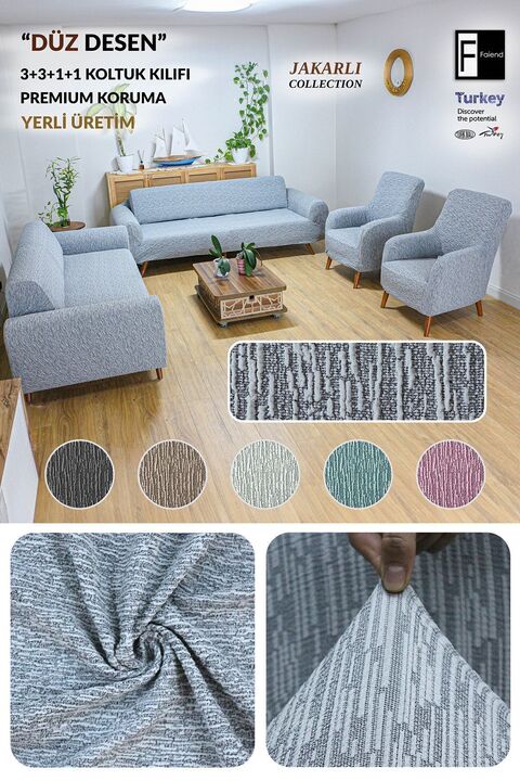 Faiend Jakarlı Düz Desen 3 3 1 1 Gri Lastikli Kanepe Örtüsü | Lastikli Koltuk Örtüsü | koltuk kılıfı Takımı