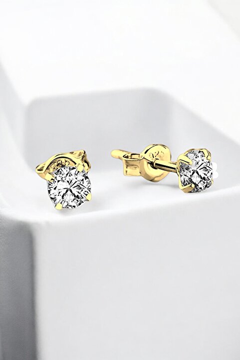 jelux silver Gümüş 925 Ayar 4 mm Premium Star Kesim Zirkon Taşlı Gold Çivili Küpe
