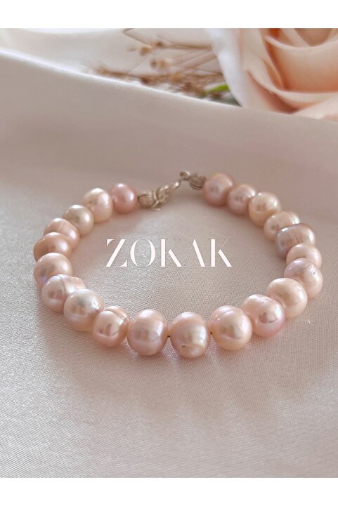 Zokak Sertifikalı Doğal Taş Inci Gümüş Bileklik, 925 Ayar Inci Bileklik, Beyazve Pembe Barok Inci Bileklik