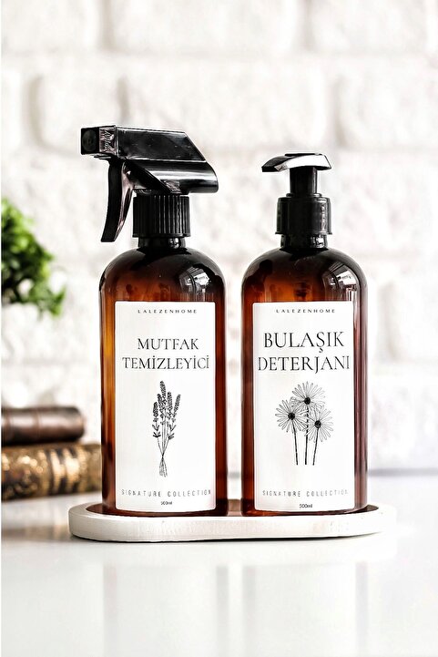 LALEZEN HOME Beyaz Stantli Çiçekli Mutfak Temizleyici Ve Bulaşık Deterjanı Etiketli Plastik Şişe 500 Ml