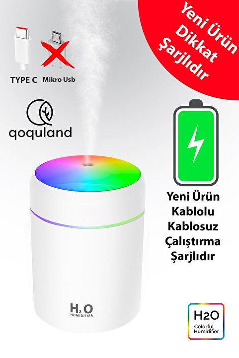 qoquland Şarjlı H2o 300 ml Ultrasonik Hava Nemlendirici Ve Aroma Difüzörü Type C Girişli