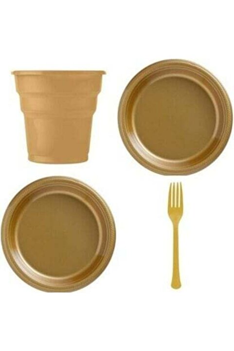 Genel Markalar Plastik Tabak Bardak Çatal Seti Gold 25'li