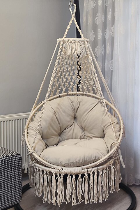 WOODSHUT Makrome Salıncak Minderli (KREM) - %100 El Işçiliği Mis38006m (Salıncak ve Minder)