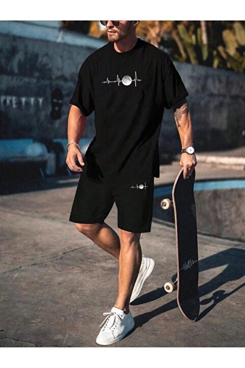 DAXİS Sportwear Company Erkek Baskılı Takım Siyah - Bisiklet Yaka Oversize T-shirt Şort Takım