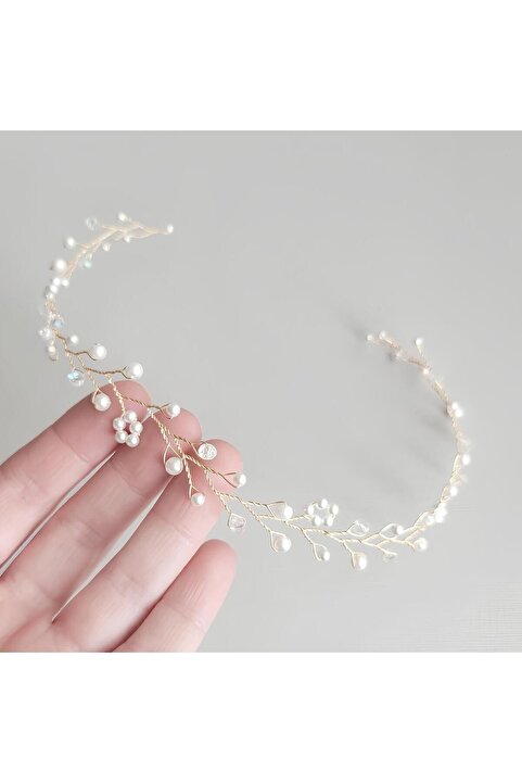 ACAR AKSESUAR İncili Kristalli Minimal Gelin tacı Saç Ve Türban Aksesuarı ( Düğün Kına Nikah Söz Nişan Balo Aksesuarı )