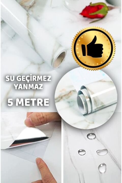 PRESTİJ FOLYO Mermer Desenli Beyaz Folyo Kaplama 5 Metre Tezgah Dolap Mutfak Kağıdı Yapışkanlı