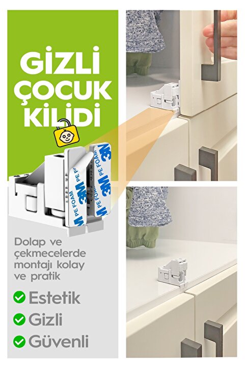 Diobaby Gizli Çocuk Kilidi - 8 Adet Dolap Kapağı veya Çekmece Kilitler TOPLAM 4 Adet Kilit