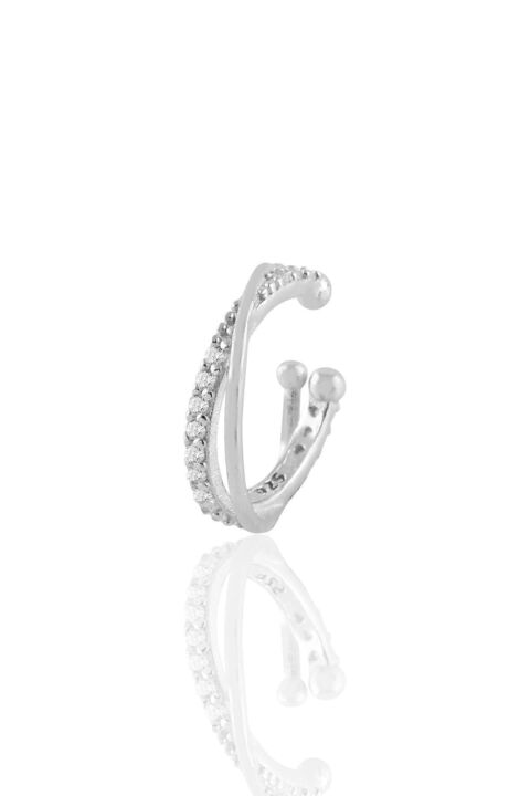 Söğütlü Silver Gümüş Rodyumlu Zirkon Taşlı Iki Sıra Görünümlü Sıkıştırmalı Tekli Kıkırdak Küpe Sgtl11234rodaj