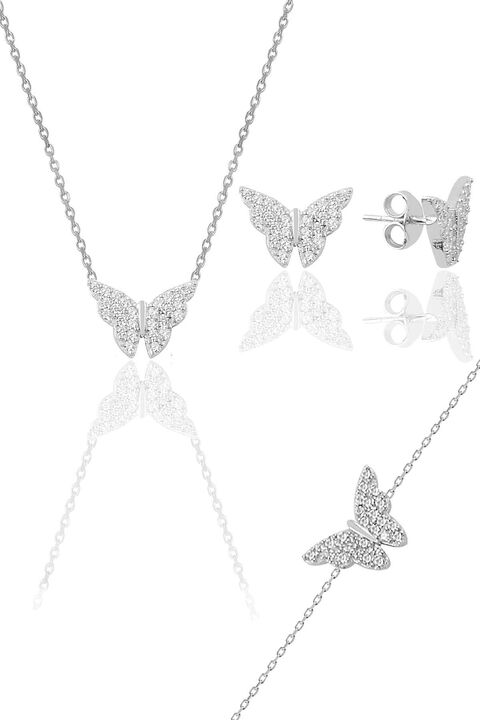 Söğütlü Silver Gümüş Rodyumlu Zirkon Taşlı Kelebek Kolye Küpe Ve Bileklik Üçlü Set Sgtl12119rodaj