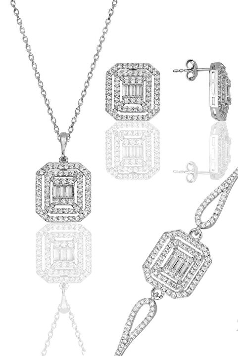 Söğütlü Silver Gümüş Rodyumlu Pırlanta Montürlü Taşlı Baget Kolye Bileklik Ve Küpeden Oluşan Set Sgtl11923rodaj