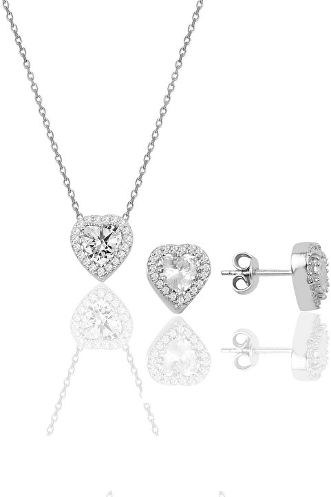 Söğütlü Silver Gümüş Rodyumlu Zirkon Taşlı Pırlanta Modeli Kalp Ikili Set Sgtl10139rodaj
