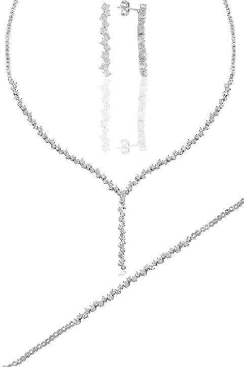 Söğütlü Silver Gümüş Beyaz Altın Rodyumlu Pırlanta Modeli Zirkon Taşlı Sallantılı Su Yolu Gümüş Takım. Sgtl11340