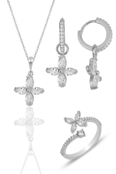 Söğütlü Silver Gümüş Rodyumlu Zirkon Taşlı Dört Yapraklı Yonca Kolye Küpe Ve Yüzük Seti Sgtl12186rodaj