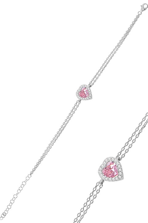Söğütlü Silver Gümüş Rodyumlu Pembe Taşlı Pırlanta Montürlü Kalp Bileklik Sgtl11751pembe