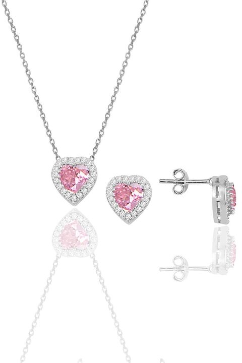 Söğütlü Silver Gümüş Rodyumlu Pembe Taşlı Pırlanta Modeli Kalp Ikili Set Sgtl10139pembe