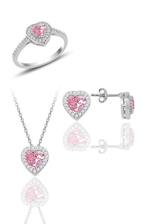 Söğütlü Silver Gümüş Rodyumlu Pembe Taşlı Pırlanta Montürlü Kalp Üçlü Set Sgtl11608