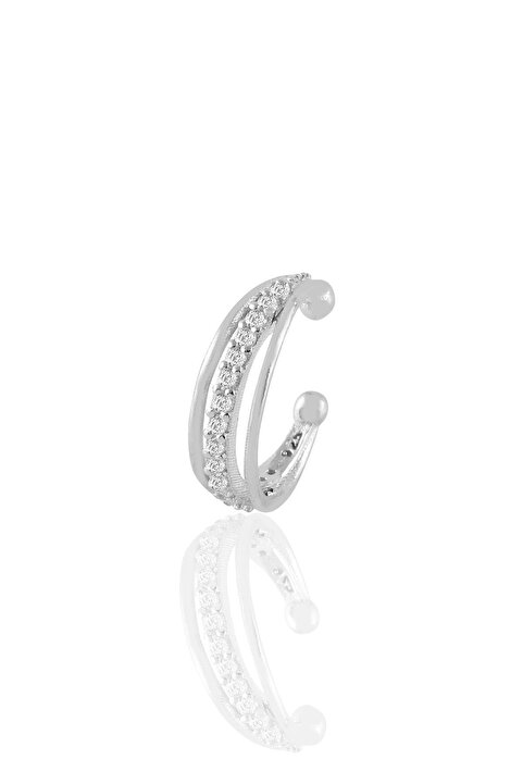 Söğütlü Silver Gümüş Rodyumlu Zirkon Taşlı Üç Sıra Görünümlü Sıkıştırmalı Tekli Kıkırdak Küpe Sgtl11233rodaj