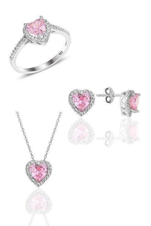 Söğütlü Silver Gümüş Rodyumlu Pembe Taşlı Pırlanta Montürlü Kalp Modeli Üçlü Set Sgtl12080