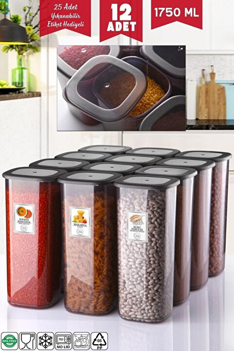 Nandy Home Etiketli 12 Adet 1750 Ml Ekonomik Kırılmaz Antrasit Saklama Kabı