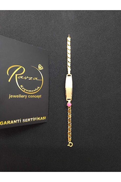 RAVZA KUYUMCULUK Pembe Taşlı Pullu Bebek Altın Künye Bileklik 1.70 gram