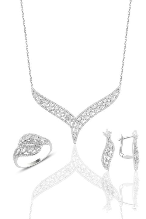Söğütlü Silver Gümüş Rodyumlu Pırlanta Modeli Beyaz Altın Görünümlü Kolye Küpe Ve Yüzük Seti Sgtl10948