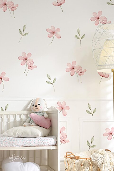 MSticker Pembe Çayır ve Kır Çiçekleri Yapraklar Sticker Seti, Çocuk Bebek Odası Çiçek Sticker Seti