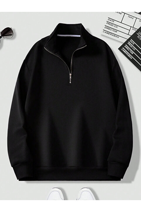Revasser Unisex Erkek/Kadın Düz Renkli Dik Yaka Yarım Fermuarlı Pamuklu Oversize Sweatshirt