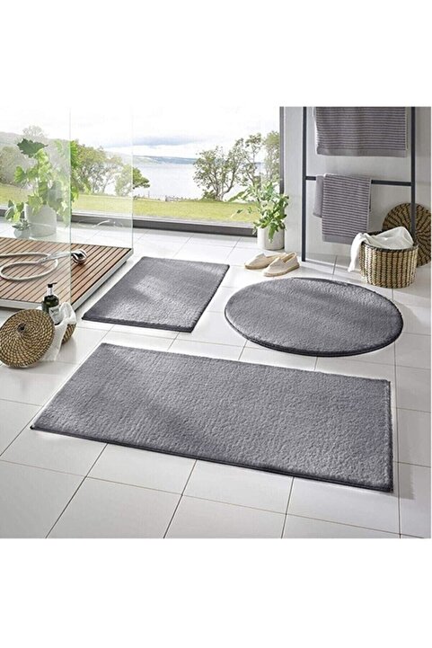 Balat Halı 3'lü Banyo Halısı Peluş Post Halı Klozet Takımı Açık Gri 50x50(YUVARLAK)-50x50 Ve 50x70