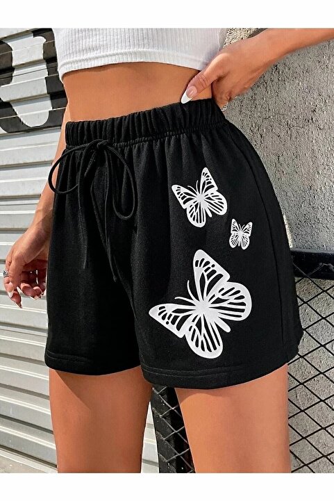 DAXİS Sportwear Company Baskılı Kısa Kadın Şort Siyah Şort Baskılı