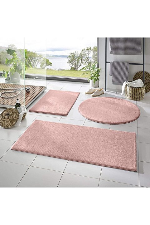 Sarar 3'lü Banyo Paspası Halısı Peluş Halı Klozet Takımı Pudra-pembe 50x90-50x60--50x50(YUVARLAK)-