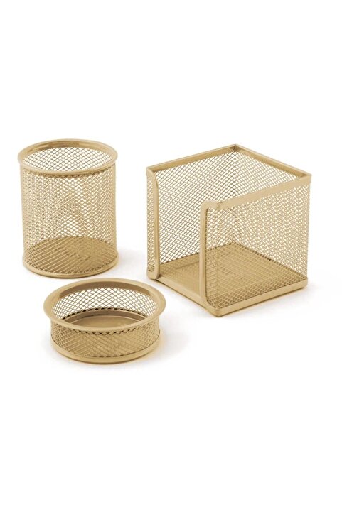 Mas Perfore A Üstü Metal Üçlü Set Kalemlik Ataşlık Küp Blok Desk Organizer Gold