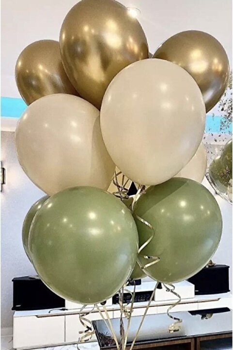 BalonEvi 18`li Set Krom Gold Küf Yeşili Ve Pastel Beyaz Balon Set Süsü