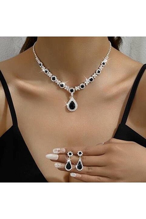 Estilo Lingerie Siyah Kristal Taşlı Kolye Ve Küpe Seti Özel Günler Seti Düğün Seti Nişan Abiye Seti Gelin Takısı