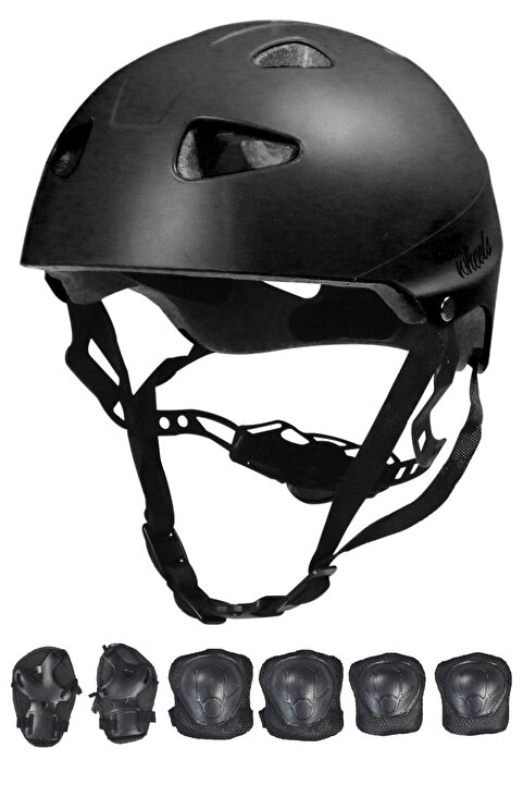 Sportaj Siyah Çocuk Kaskı Spor Koruyucu Kask Dizlik Dirseklik Donanım Seti Kaykay Bisiklet Scooter Paten içi
