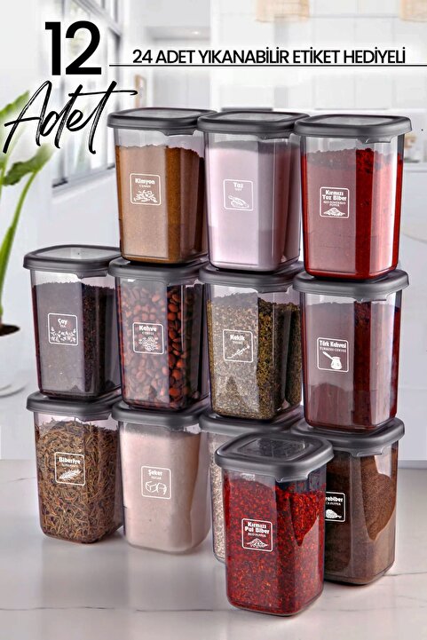 Kitchen Life 12'li Etiketli Modernity Etiketli Kare Baharatlık Takımı 400 ml - Erzak Saklama Kabı Seti