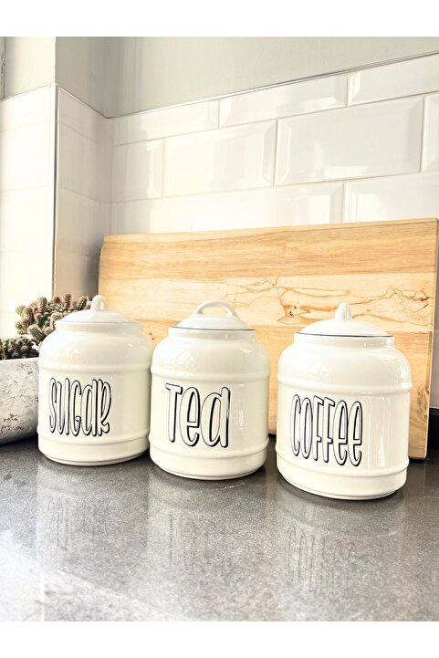 Genel Markalar 3'lü Seramik Sugar Tea Coffee Kavanoz Seti, Tezgah Üstü Saklama Kavanozu 1400 ml