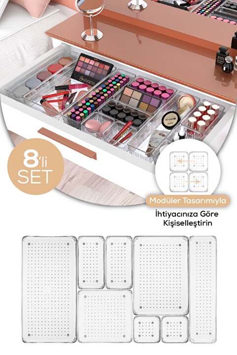 Vienev 8li Şeffaf Çekmece Içi Organizer 1x(B.DKDRTGN,B.KARE,D.DKDRTGN,O.DKDRTGN)2x(K.DKDRTGN,K.KARE)