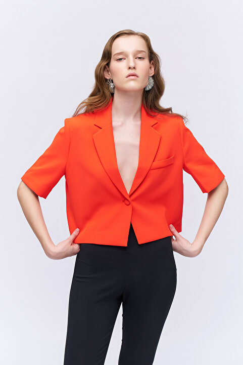 Quzu Kısa Kol Crop Blazer Ceket Turuncu