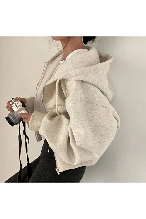 Köstebek Crop Model Fermuarlı Kapüşonlu Kalın Kumaş Kısa Sweatshirt